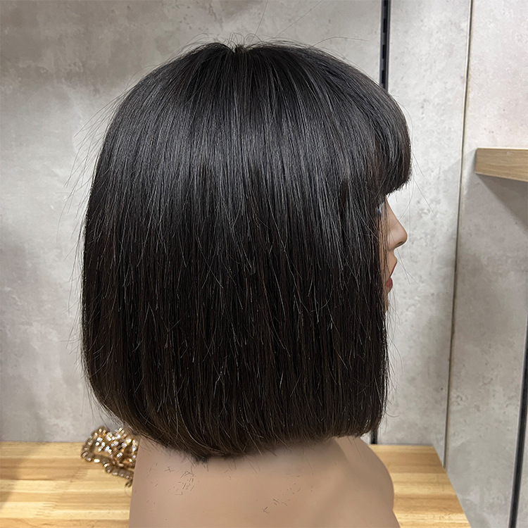 Cheap Smooth And Glossy Straight Unprocessed None Lace 100% Glueless Straight Fringe Bob Wig With Bangs