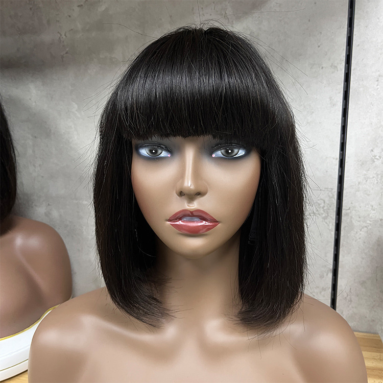 Cheap Smooth And Glossy Straight Unprocessed None Lace 100% Glueless Straight Fringe Bob Wig With Bangs