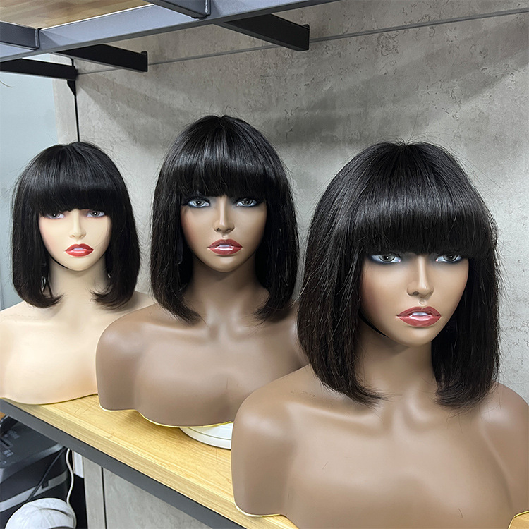 Cheap Smooth And Glossy Straight Unprocessed None Lace 100% Glueless Straight Fringe Bob Wig With Bangs