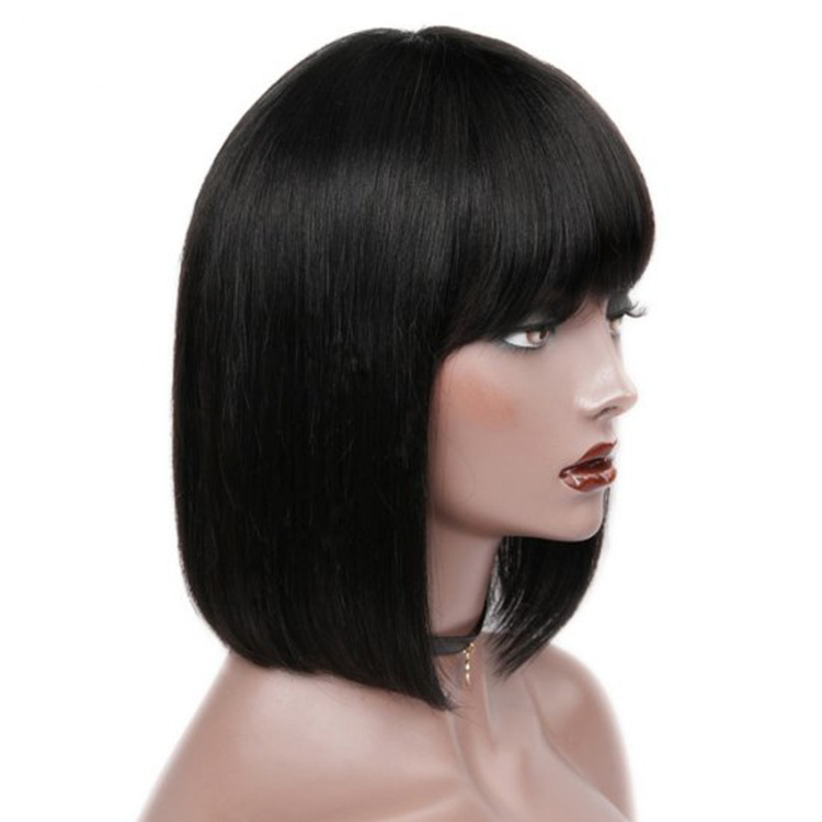 Cheap Smooth And Glossy Straight Unprocessed None Lace 100% Glueless Straight Fringe Bob Wig With Bangs